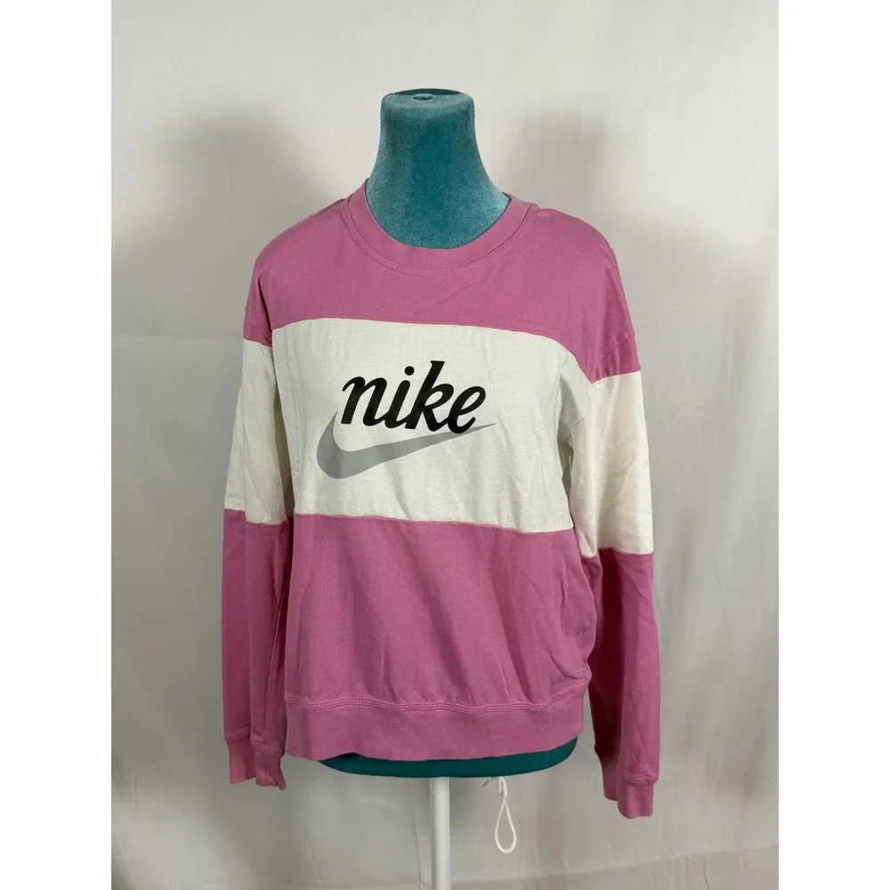 Nike Womens Pink White‎ Colorblock Script Logo Crewneck Sweatshirt Medium